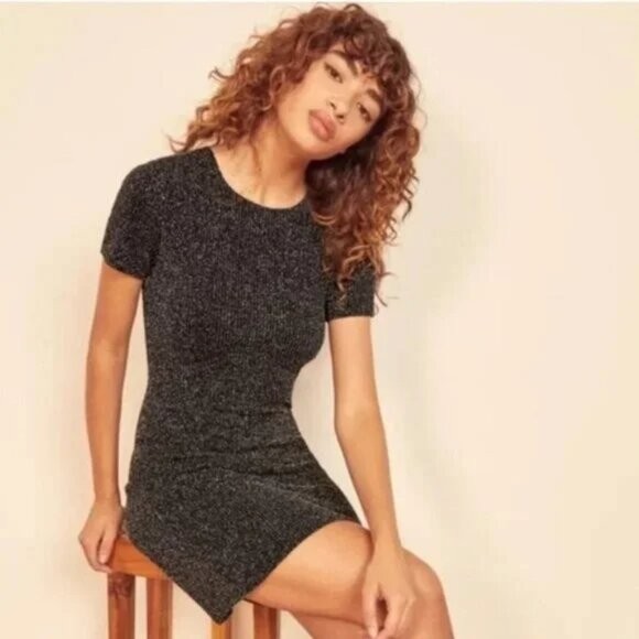 REFORMATION Glitter Mini Dress Shimmer Short Sleeve Fitted size XS Stretch