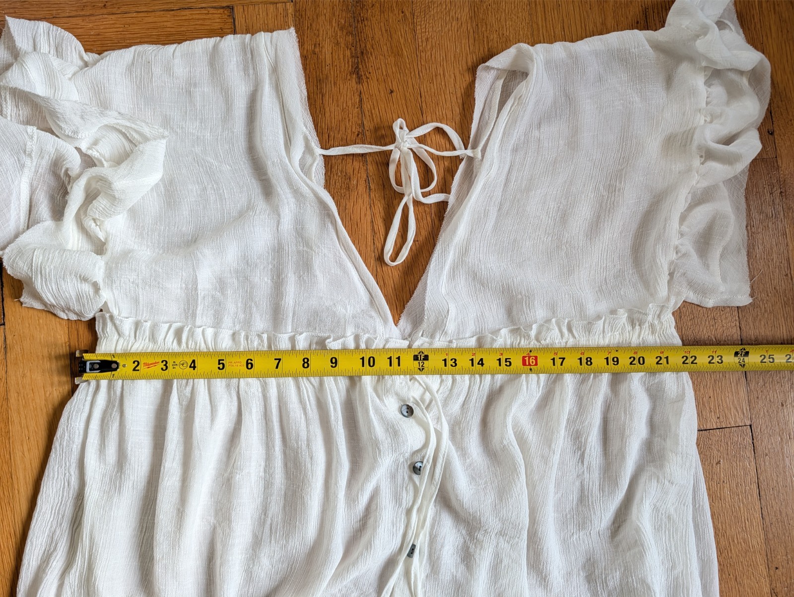 White Gauze Maxi Dress Cover Up Flowy Button Front Tie Back Boho Beach Feminine