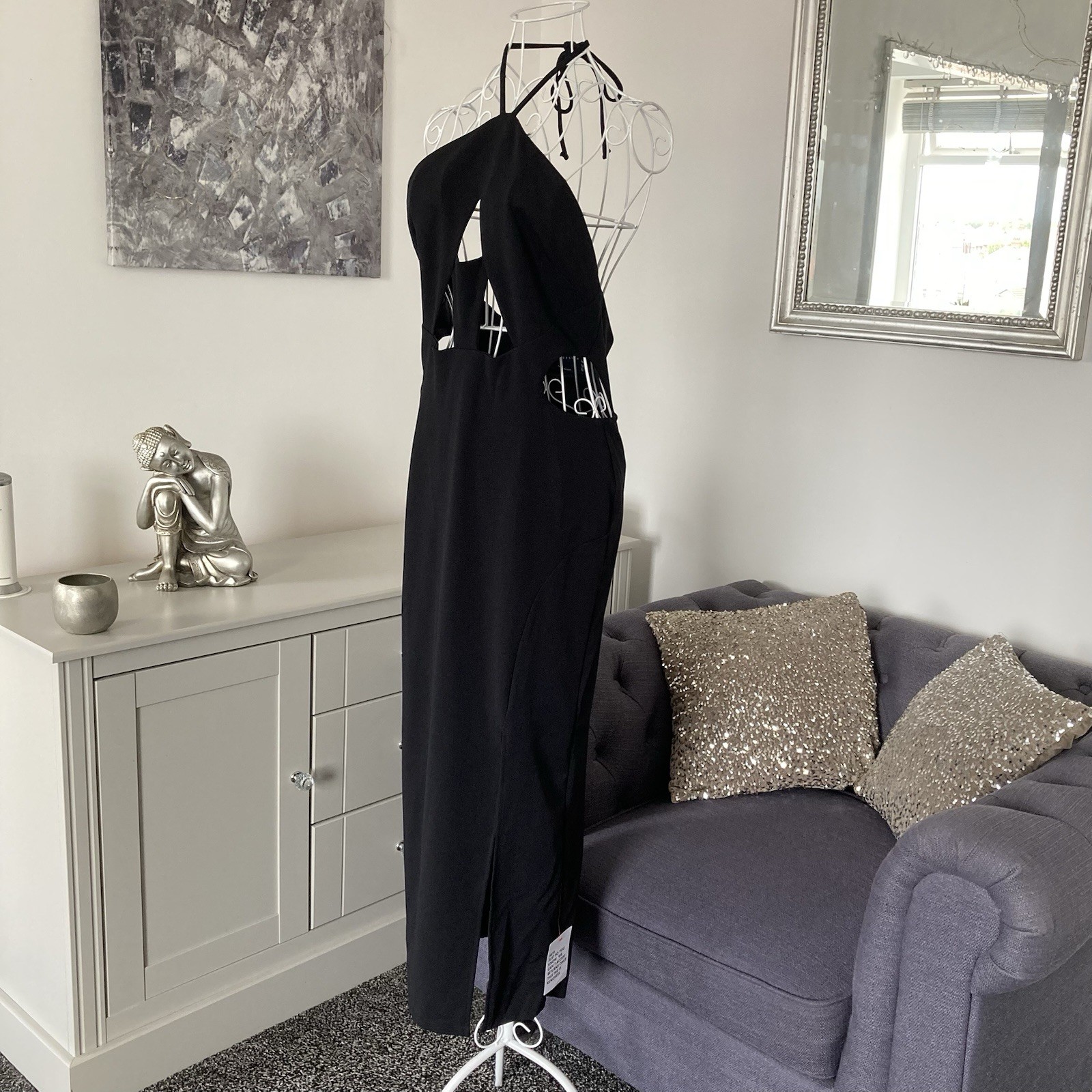 Black Halter Neck Cut Out Detailing Open Back Front Side Split Midi Dress 14 P