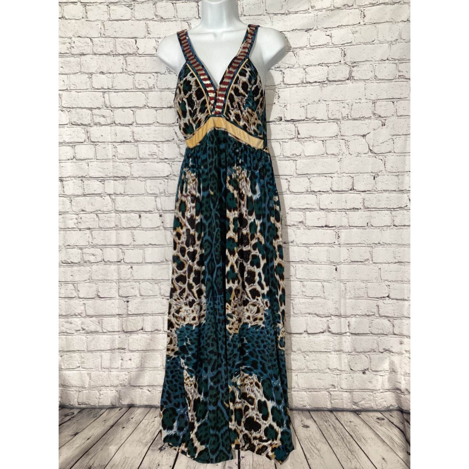 Christophe Sauvat Womens Mixed Animal Print Maxi Dress Teal Blue Embroidered S