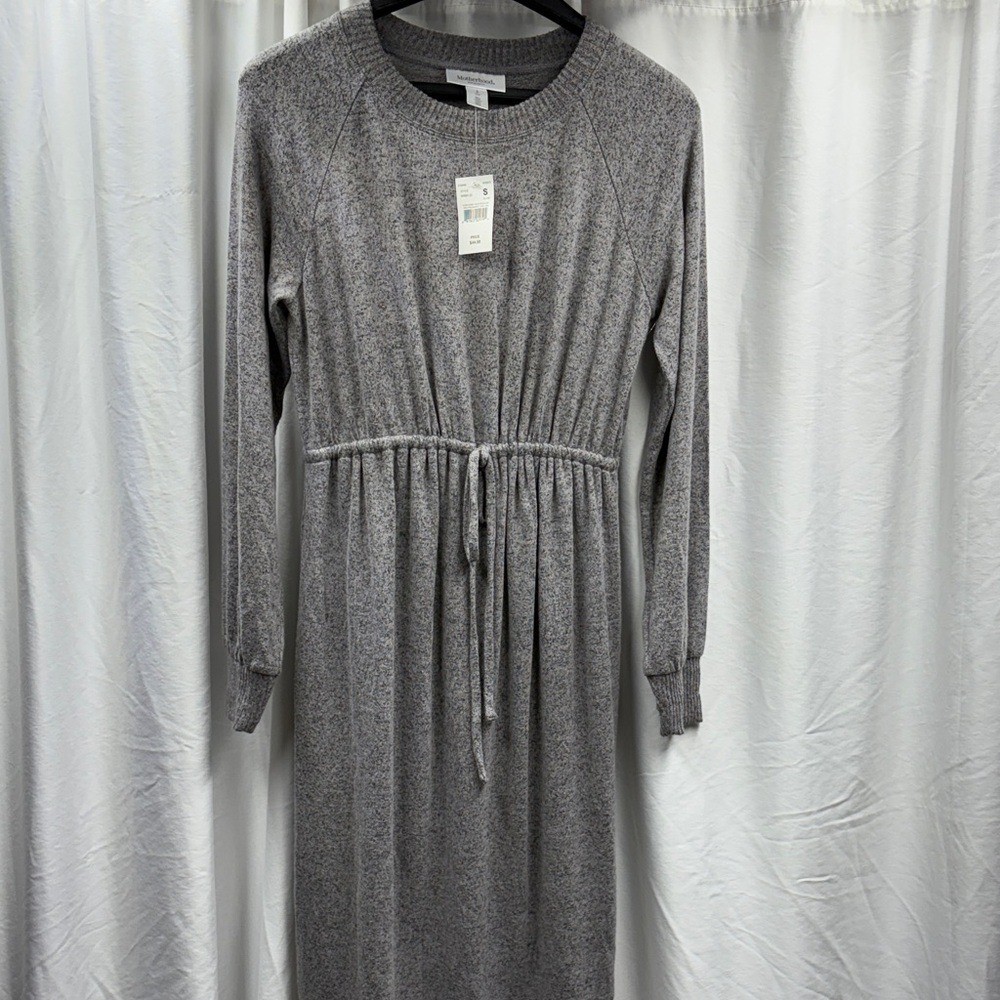 Motherhood Maternity NWT Gray Knit Drawstring Waist Long Sleeve Midi Dress