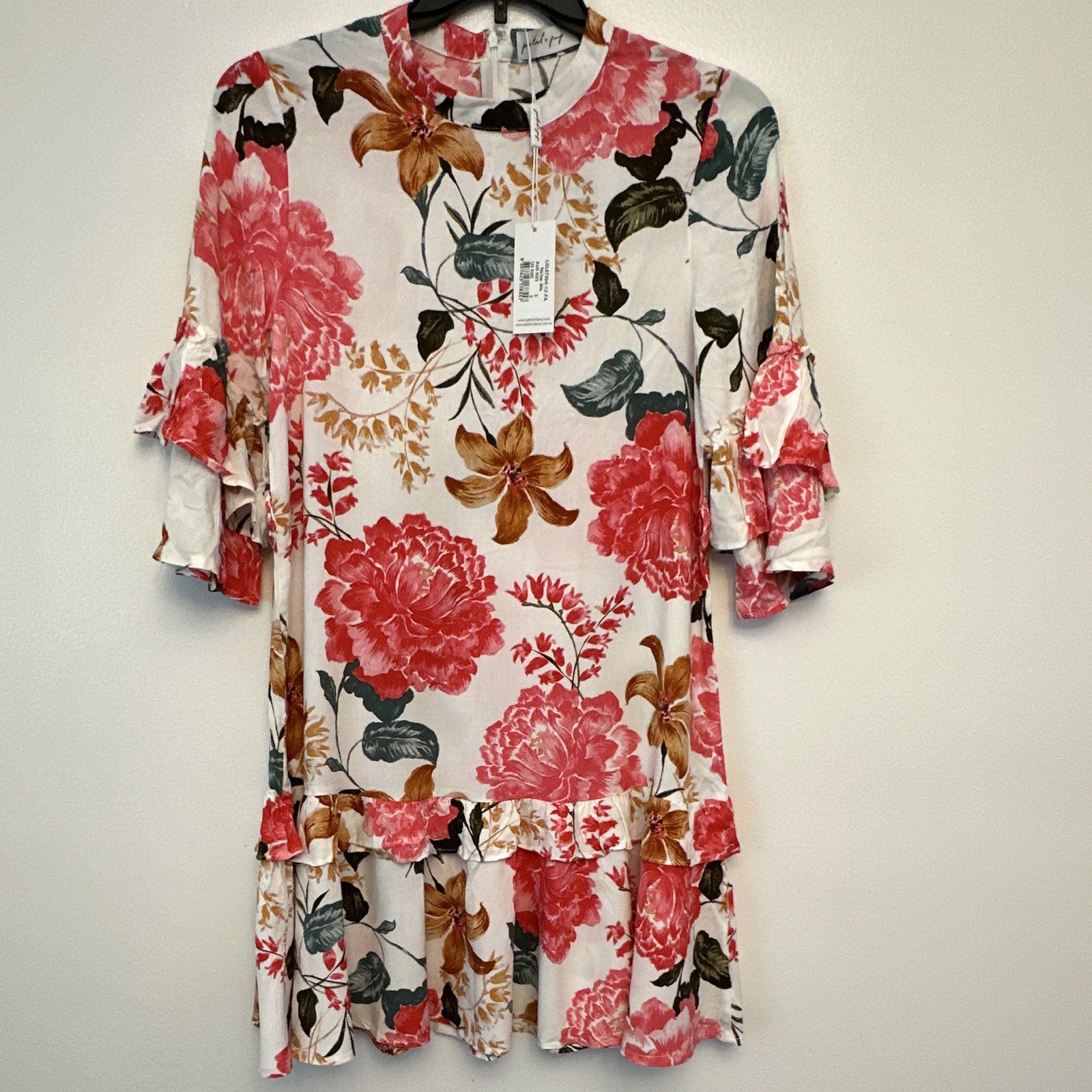 Petal and Pup White Pink Brown Green Floral Round Neck Ruffle Shift Dress S