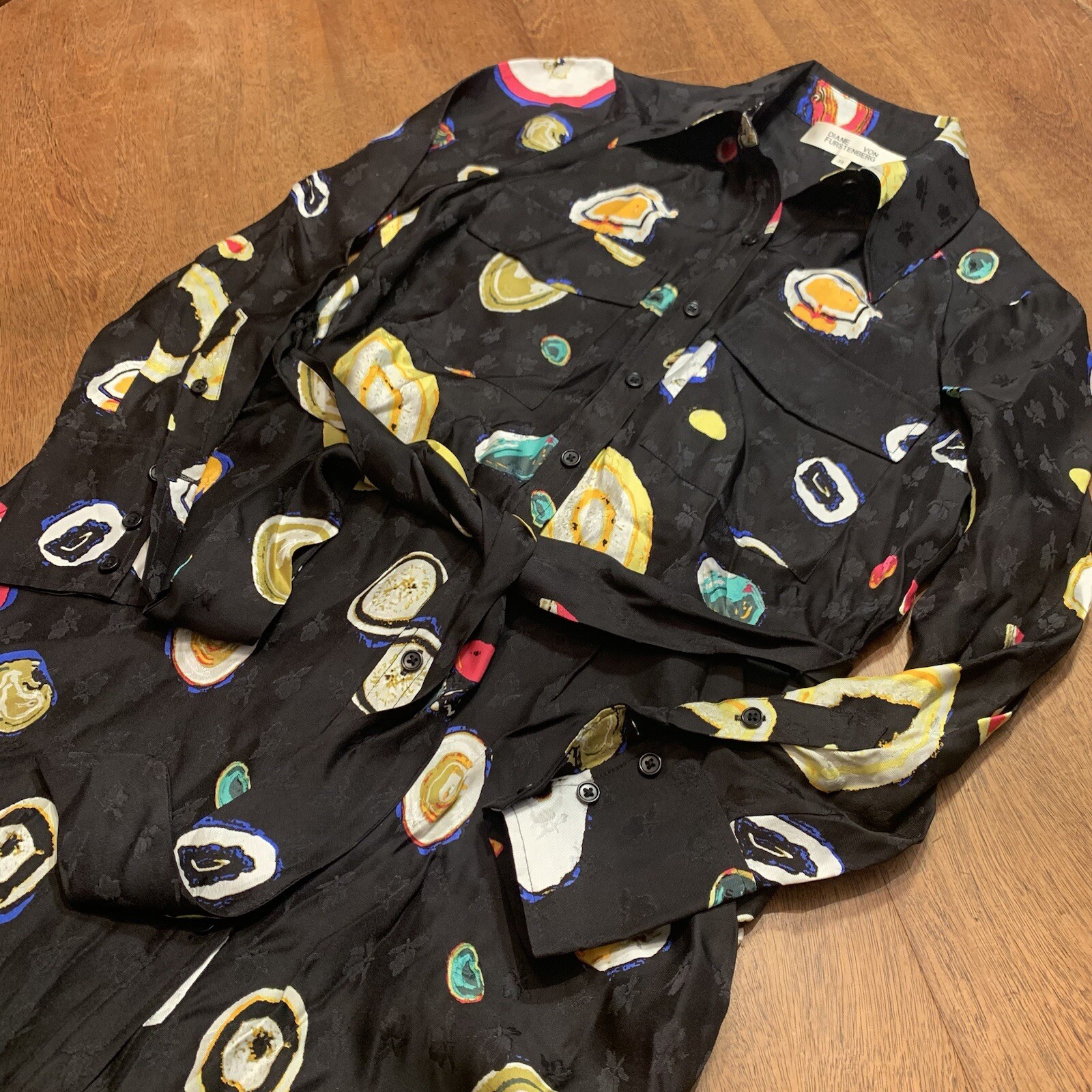 Diane Von Furstenberg Silk Blend Top Button Shirt Dress Tossed Agate Black XS