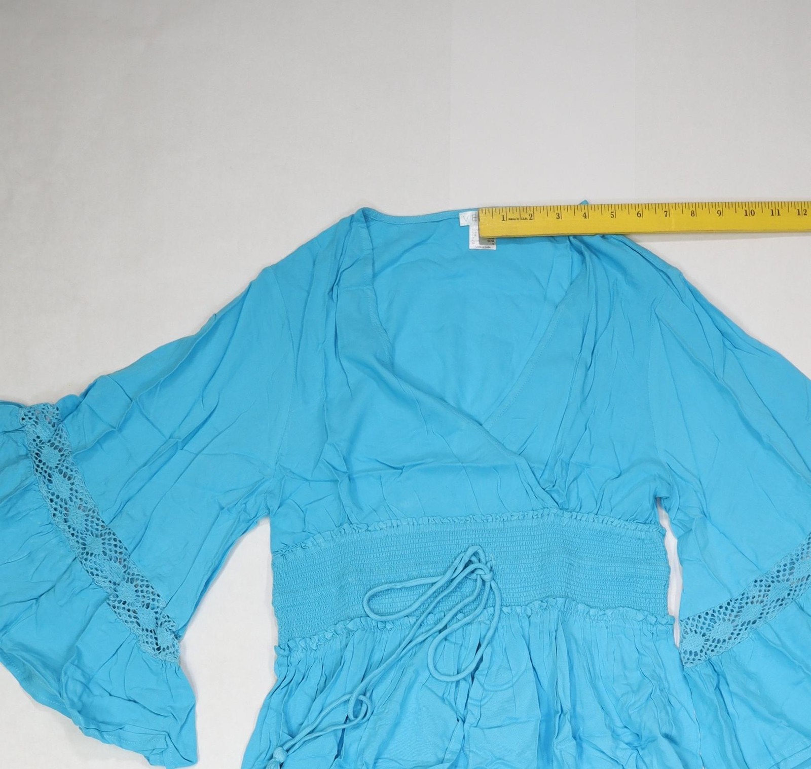 VENUS Dress Womens Large Blue Boho Crochet Bell Sleeve High Low Ruffle V Neck
