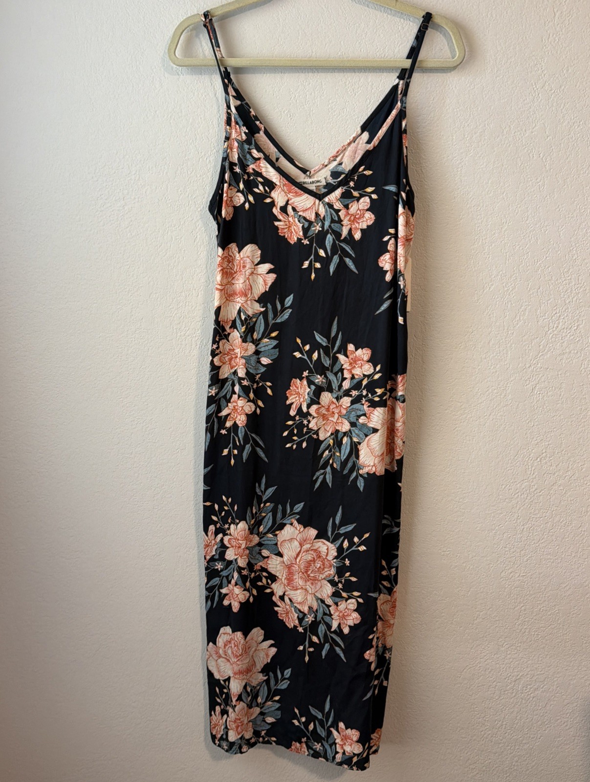 Billabong Black Floral Maxi Slip Dress with Side Slit Small Rayon Dreamy garden