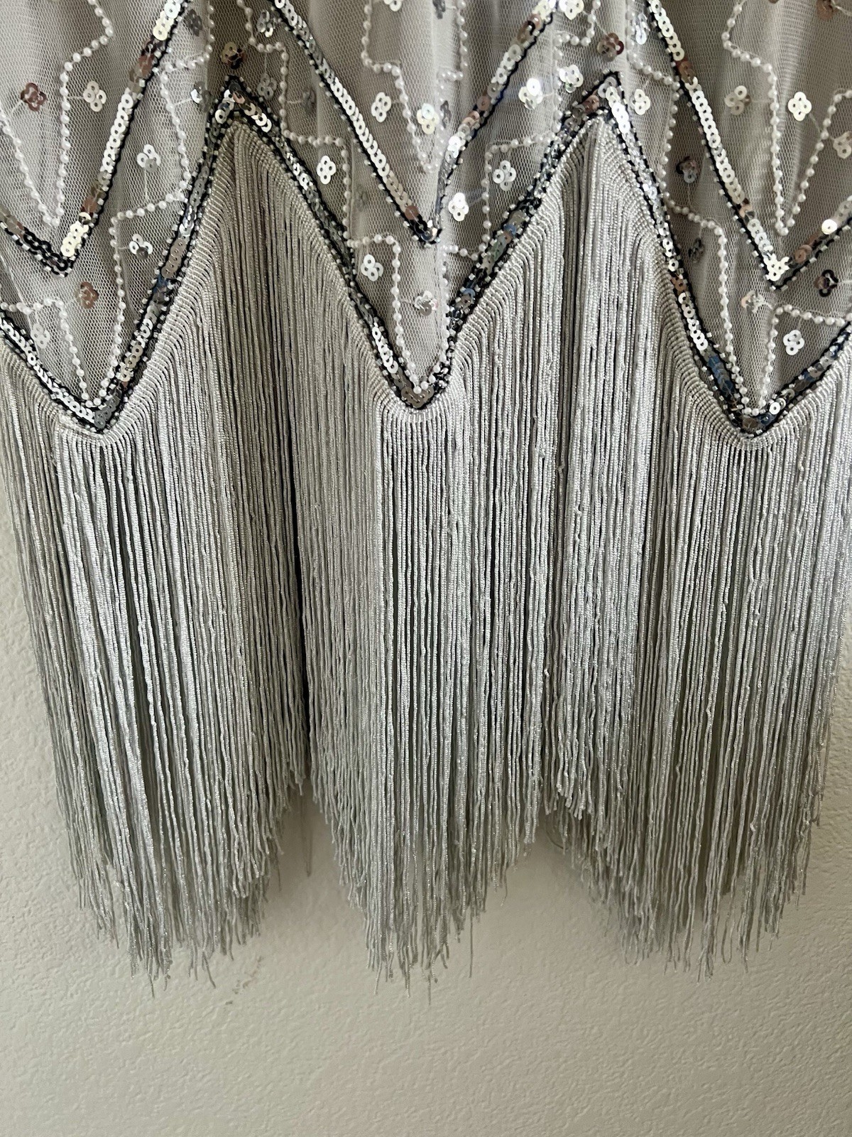 Womens Silver Geometric Sequin Beaded Fringe Mesh V-Neck Shift Dress Size L