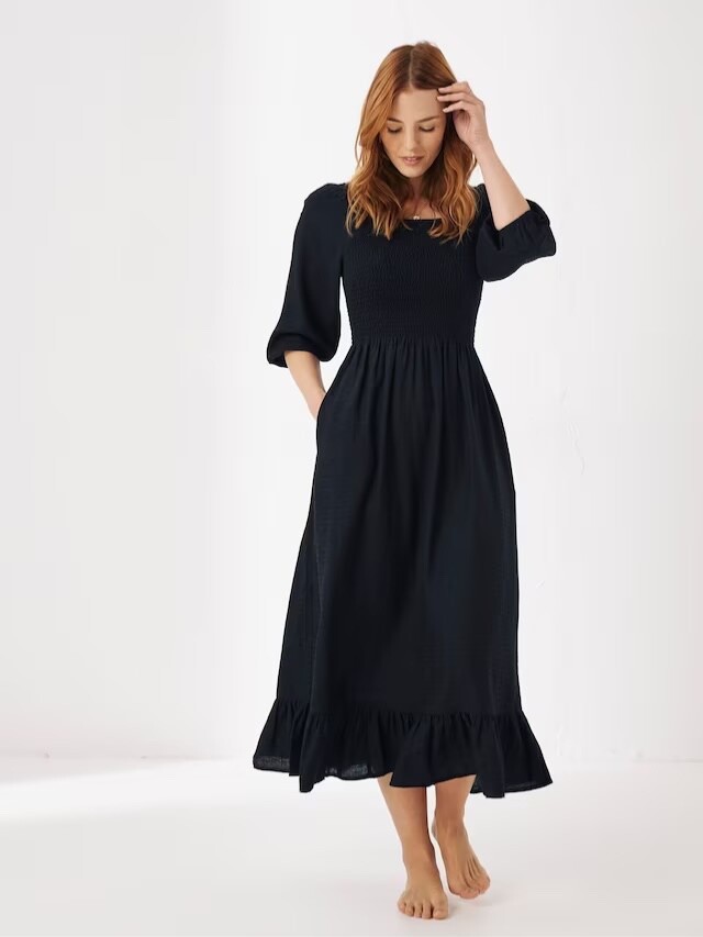 FatFace UK 14 Adele Black Cotton Linen Midi Dress Shirred Prairie RRP £69