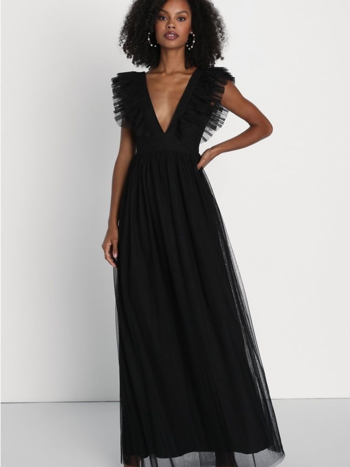 Lulus Simply Delighted Black Mesh Ruffled Backless Maxi Dress Size L NWT