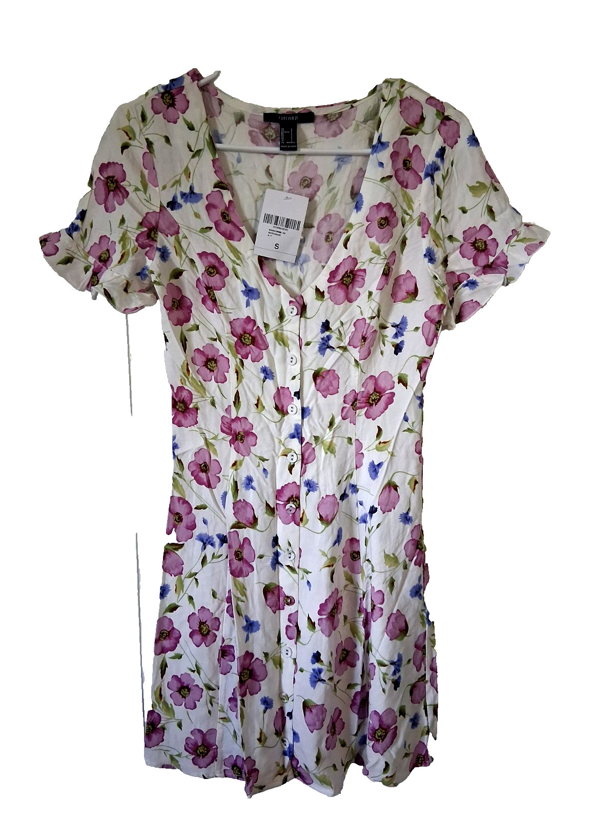 Forever 21 Fit N Flare Dress Women’s Size Small Ivory Purple Floral Cottagecore