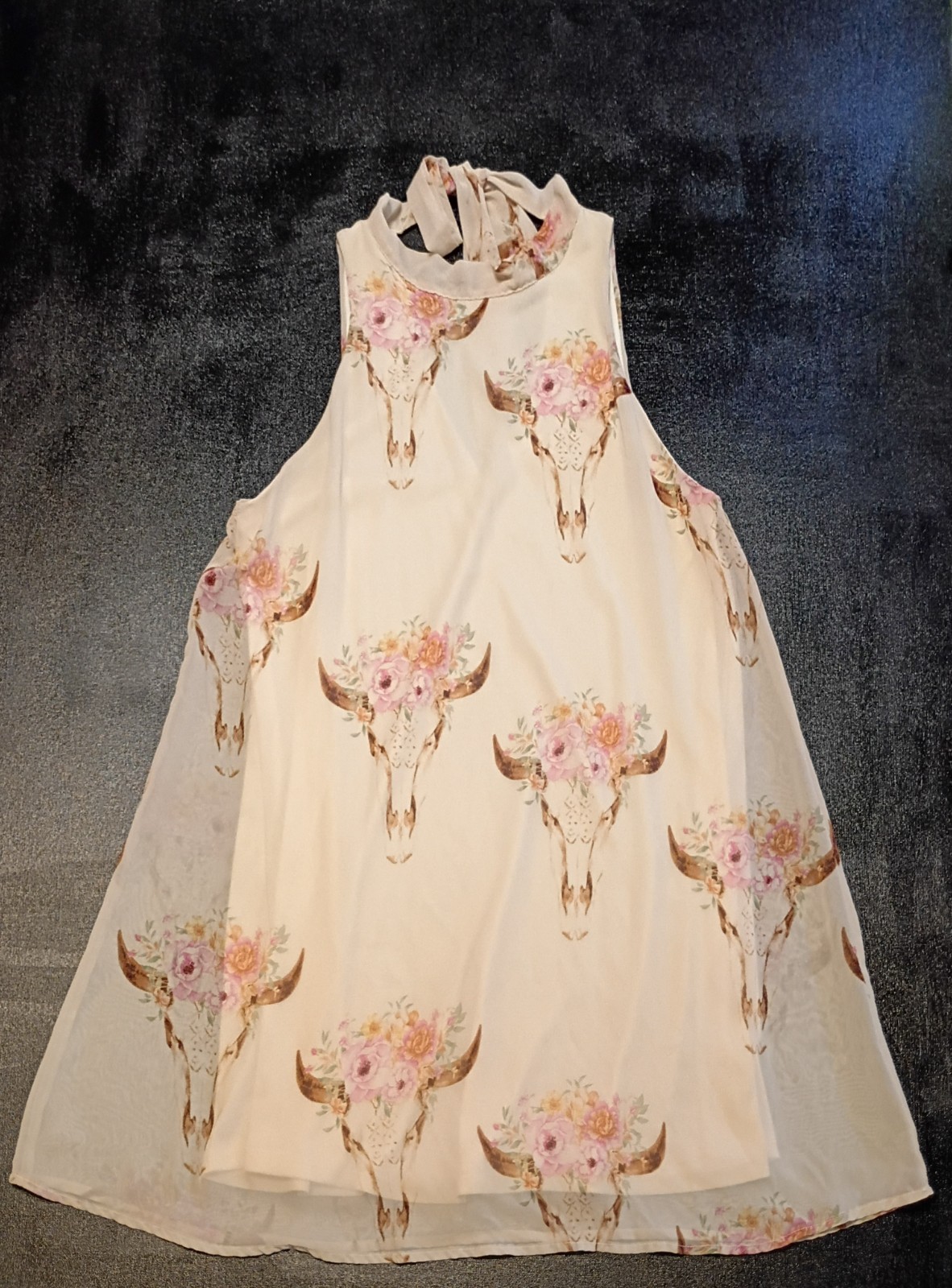 Pink Owl SLVLS Summer Dress Long Horn Print with Floral Designs Cream Color Med
