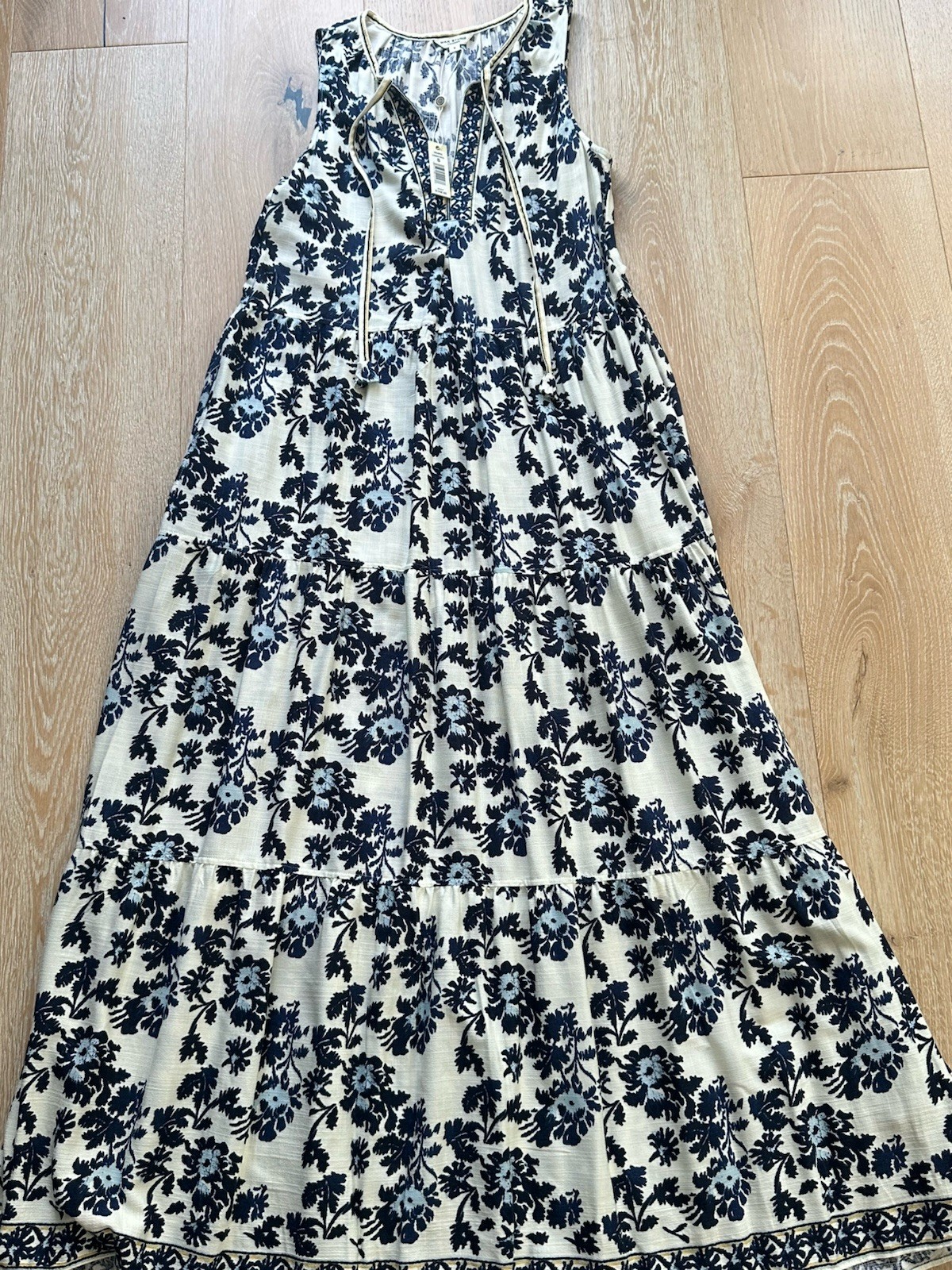 Max Studio London Blue Off-White Toile Floral Smocked Tiered Maxi Dress S