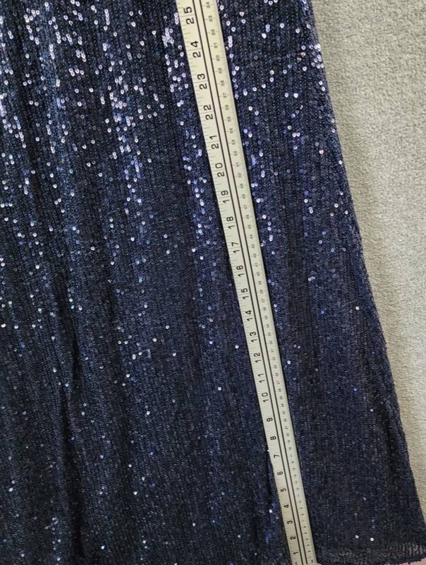 Aqua Formal Long Allover Sequined Bow Dress Women’s 12 Navy Asymmetrical Neck