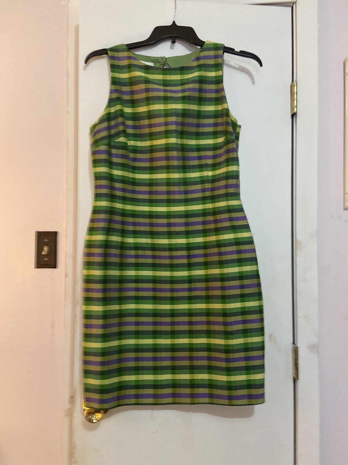 Maggy London Vintage 100% Silk striped Dress W/ covered buttons.