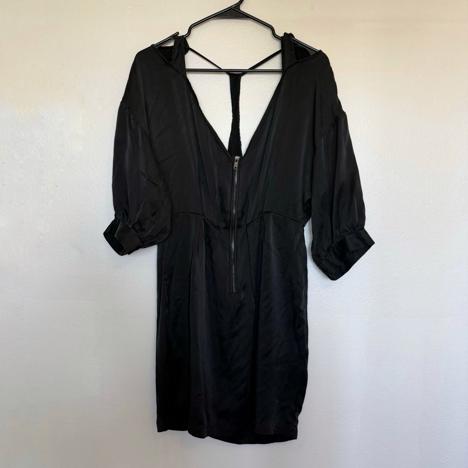 Functional Black Satin Mini Deep V Zip Open Back Cocktail Party Dress Size M