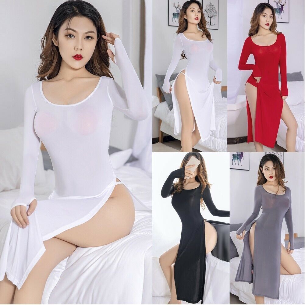 Womens Sexy High Side Split Elastic Dress Bodycon Sheer See-through Clubwear