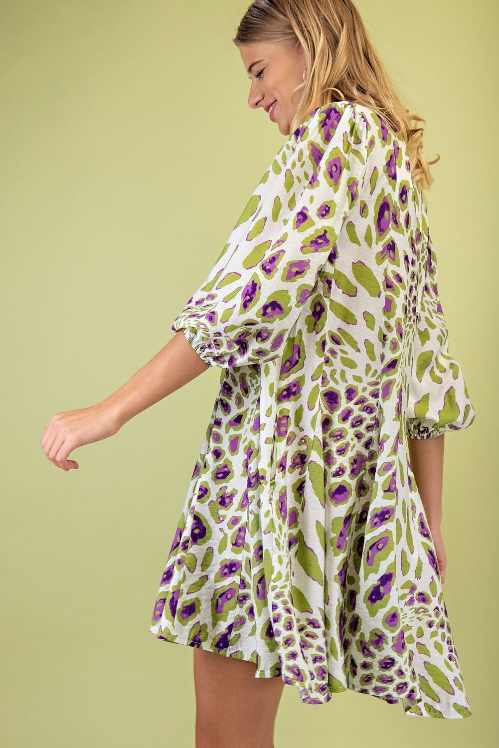 Gigio by Umgee V-Neck Leopard Print 3/4 Sleeve Shirt Dress w/ Flared Skirt