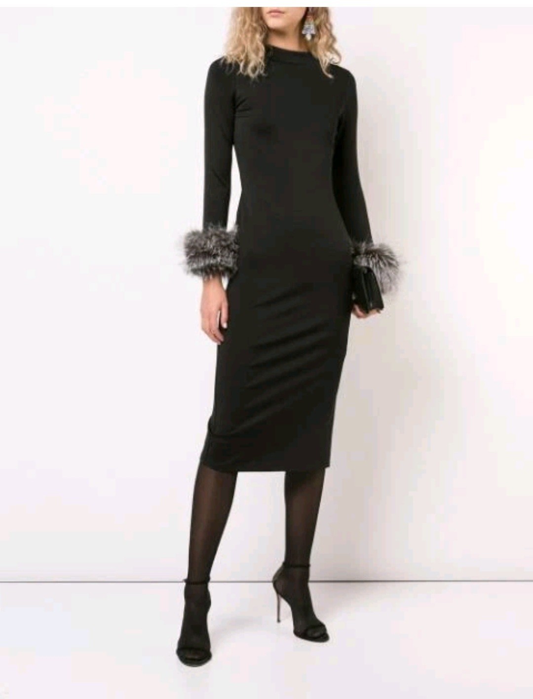 ALICE + OLIVIA Delora Fox Fur-cuff Sleeve Black Midi Dress. Size 4 $550