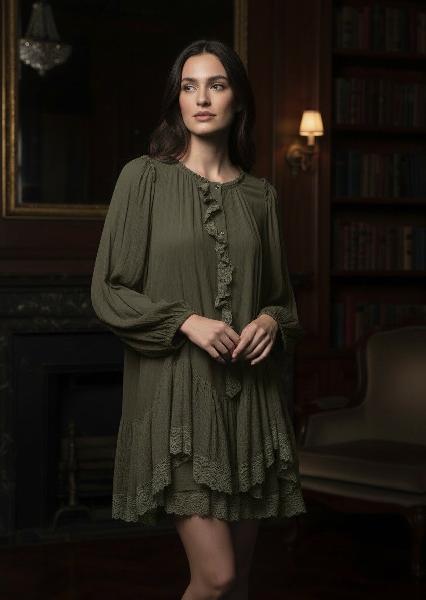 Free People Jeanette Lace Dress Women S / P Olive Sage Green Ruffles Gauzy