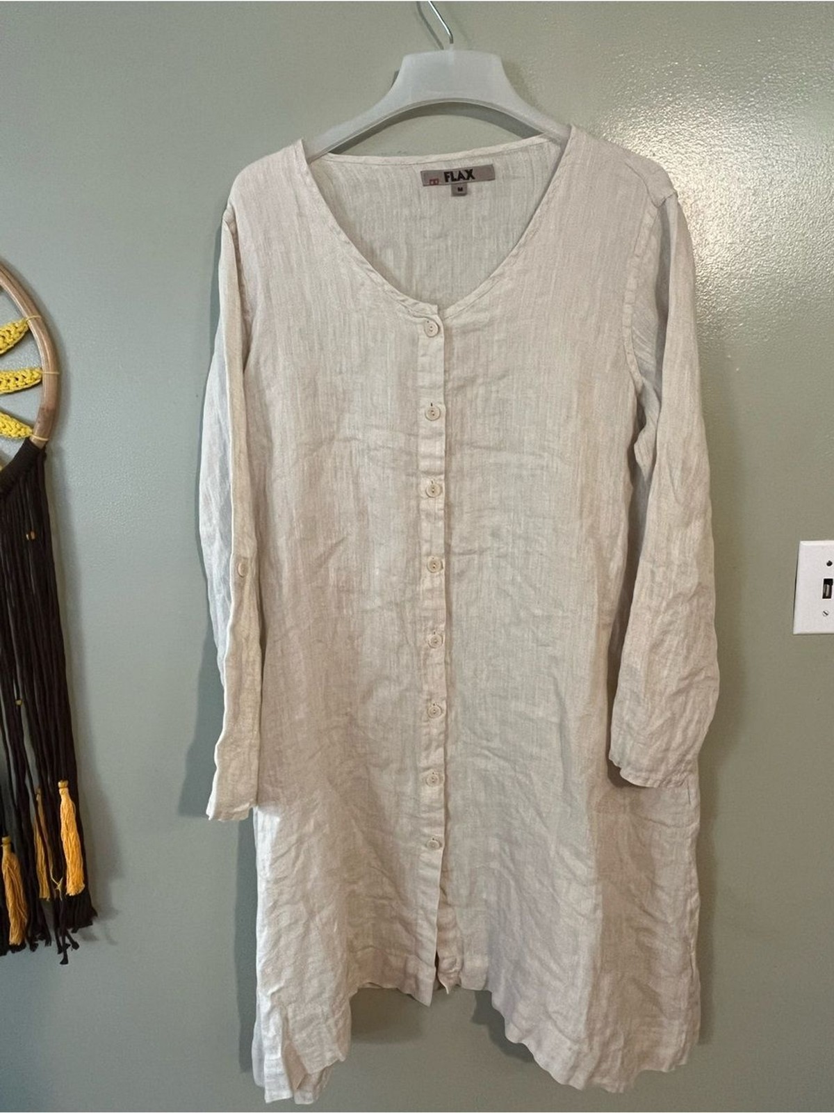 Flax Linen Button-Front Long Roll Top Sleeves Dress Coastal Beige Oversized M