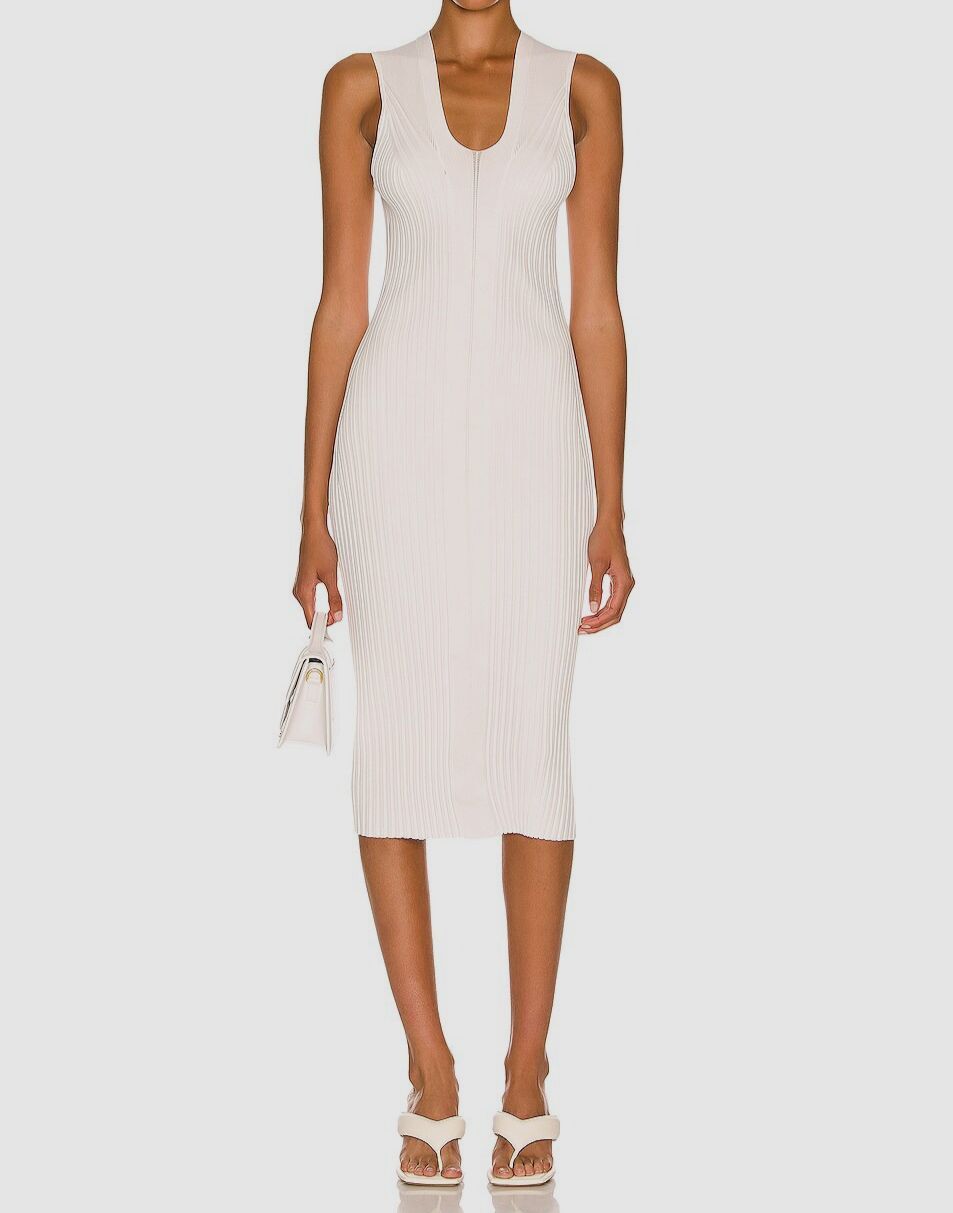 $396 Helmut Lang Women’s White Rib-Knit V-Neck Midi Bodycon Dress Size XS