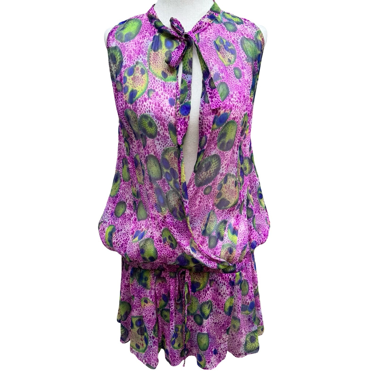 BGN First Y2K Silk Boho Abstract Semi Sheer Tie Neck Blouson Mini Dress Purple 6