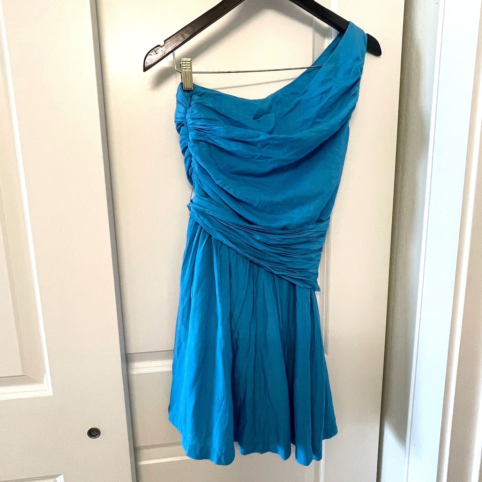 DO+BE Turquoise One Shoulder Mini Dress Size S Cocktail Party Draped Ruched Blue