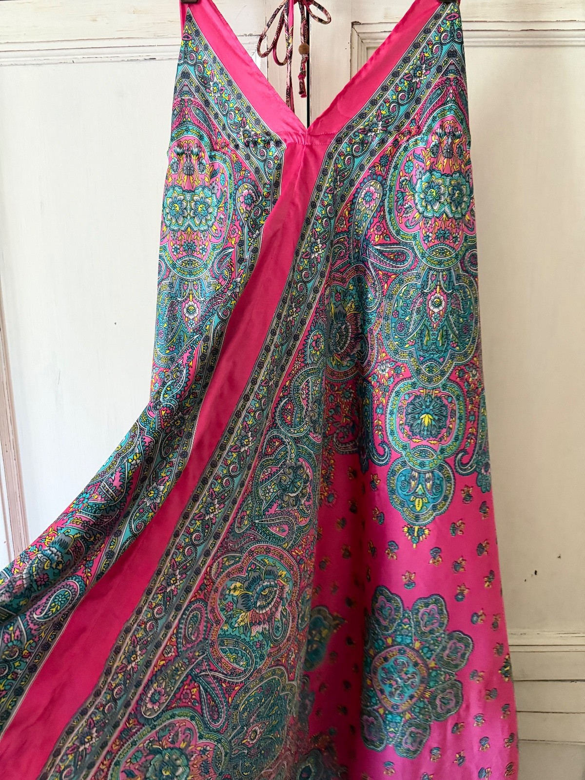 long satin boho dress hot pink turquoise halter top low back excellent condition
