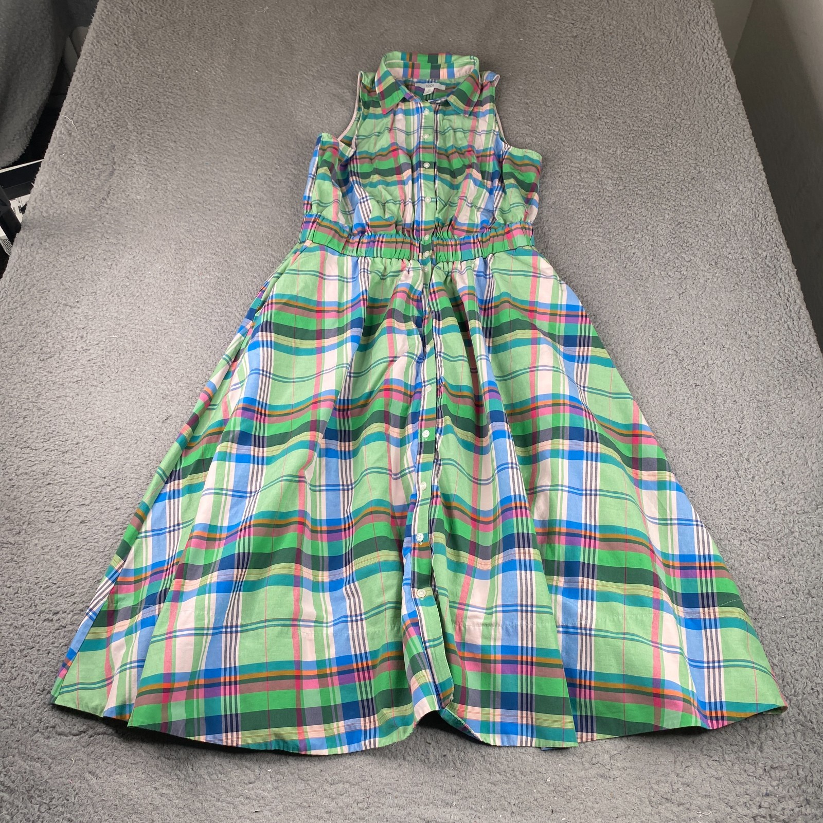 1901 Midi Dress Women Size 10 Green Plaid Sleeveless Button Up Cotton