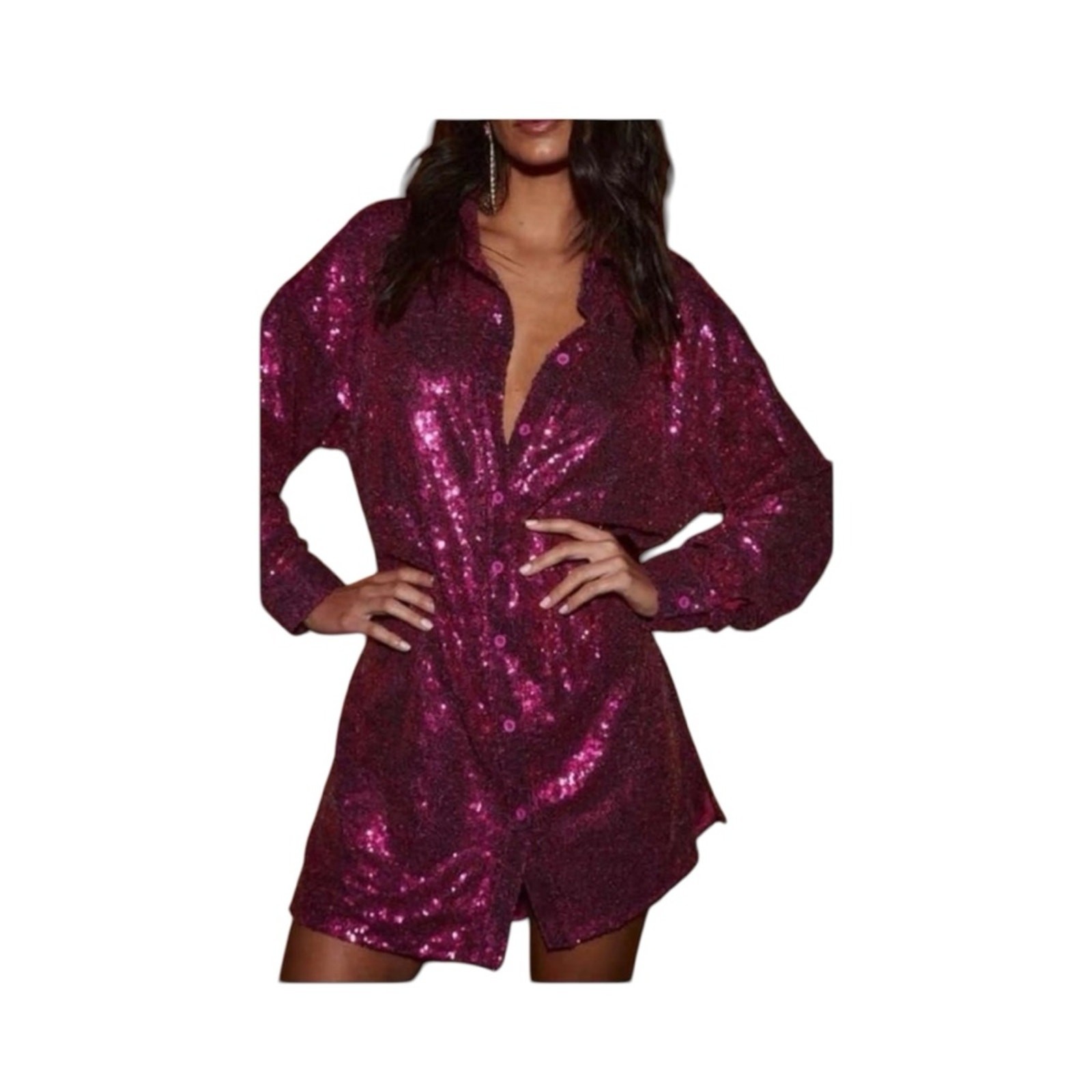 12th Tribe Hot Pink Sequin Long Sleeve Shirt Dress Collared Button Down Medium