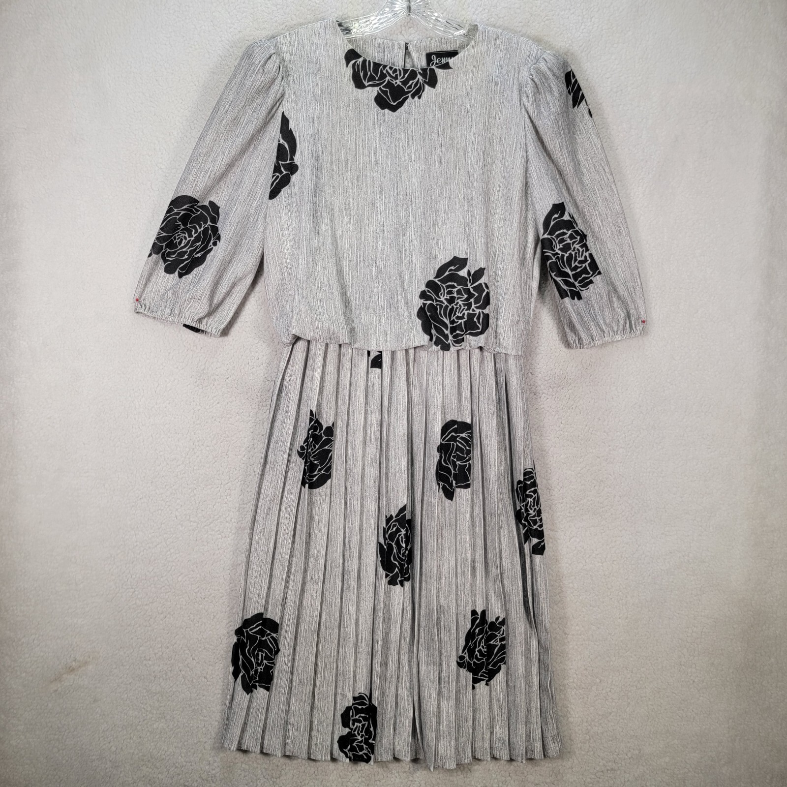 Vtg 90s Gray Floral Shoulder Pad Grandmacore Pleated Blouson Women Dress Size 8