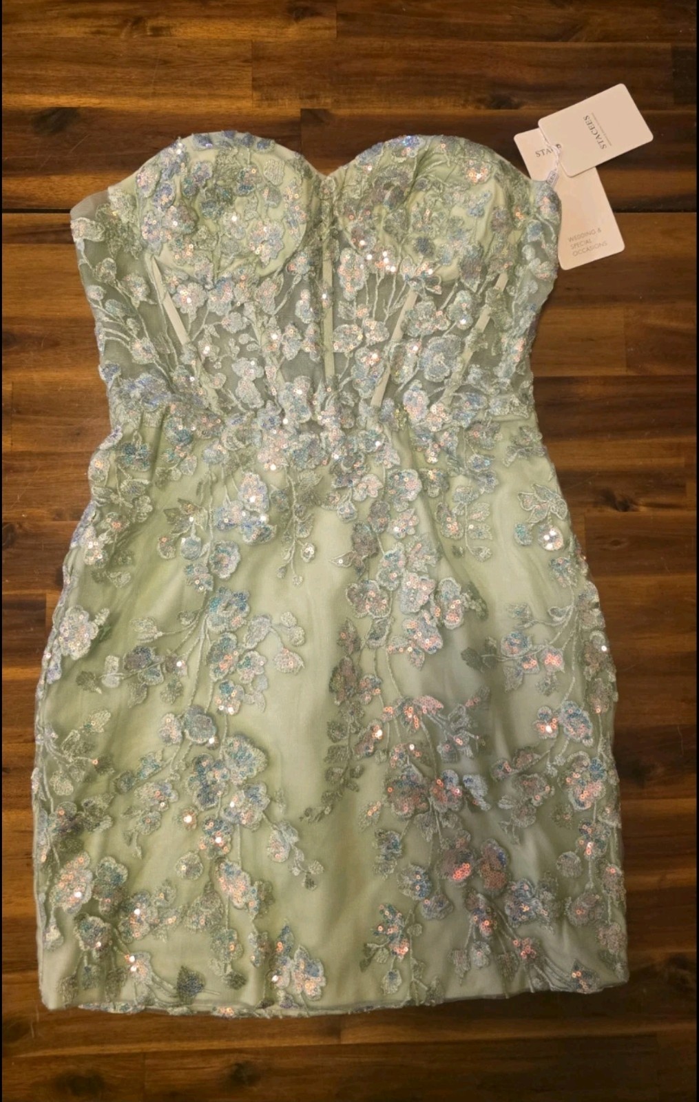 Sparkly V Neck Floral Sequined Lace-Up Homecoming Dress with Glitter Sage Sz 6
