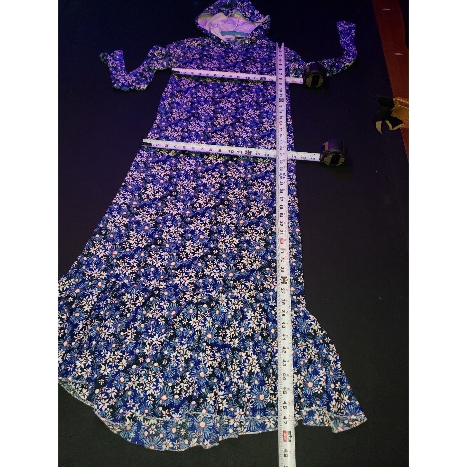 Muni Muni Women’s Blue Floral Polyester Long Sleeve Knee Length Hoodie Dress XS