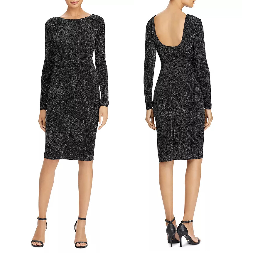 LAUREN Ralph Lauren Metallic Knitted Jacquard Pleated Scoop Back Sheath Dress, 0