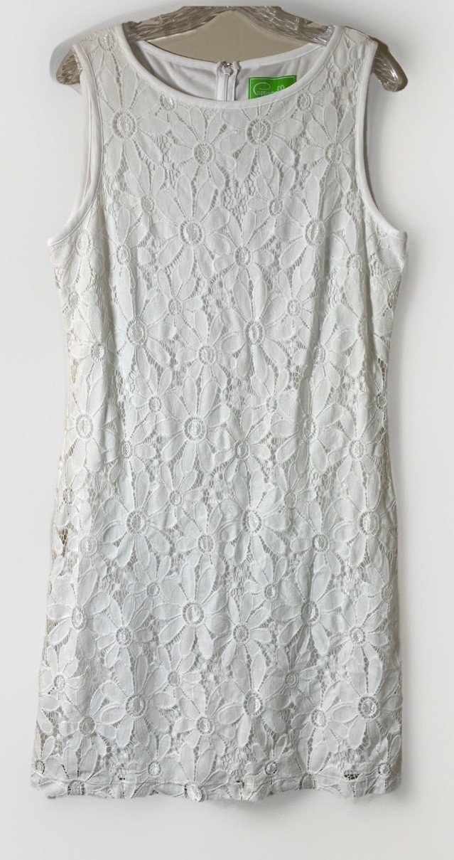 Pappagallo White Lace Overlay Flower Print Shift Dress Lined Nylon Polyester 16