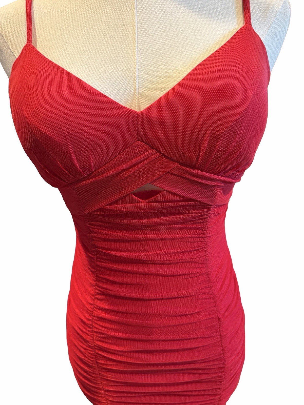 City Studios Red Ruched Bodycon Mini Dress V-Neck Spaghetti Strap Zip Sz small