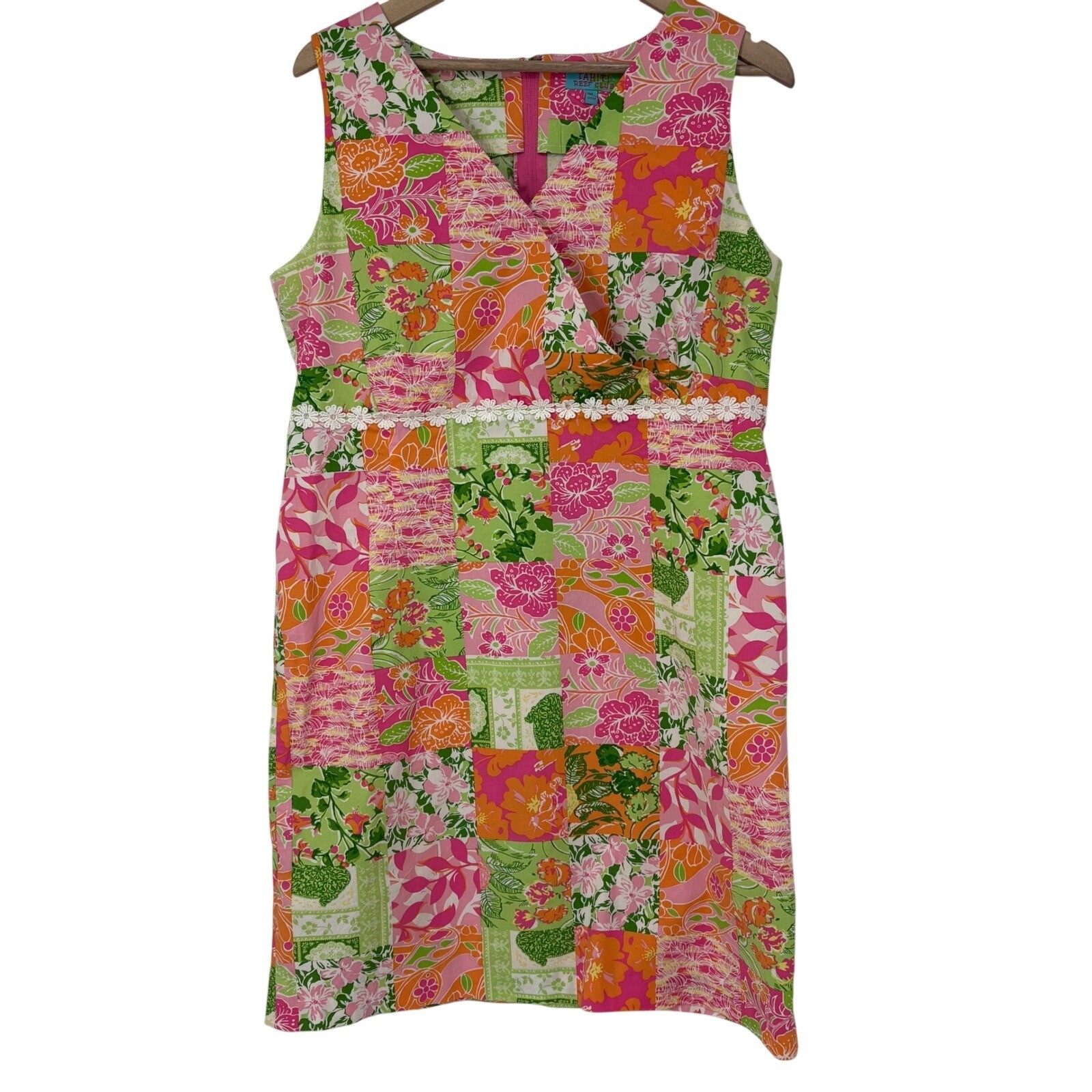 Tahiti Reef Club Womens XL Preppy Floral Patchwork Shift Dress Daisy Lace Resort