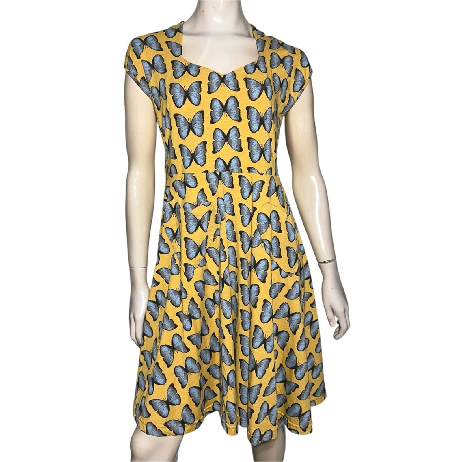 Effie’s Heart Women’s Size M Yellow Blue Gray Buttery Print Fit Flare Dress