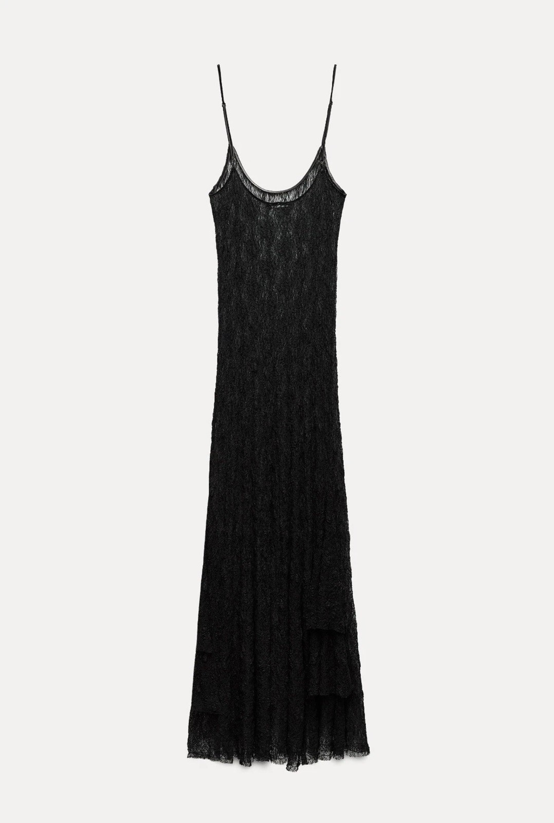 Zara Sheer Long Lace Dress Ruffled Hem Black Size M