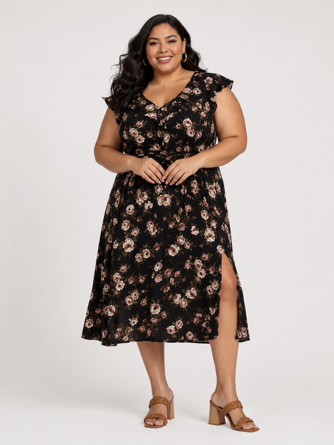 Time and Tru Womens Floral Midi Dress 3X Black Ruffle Neck Tie Waist Casual NWT