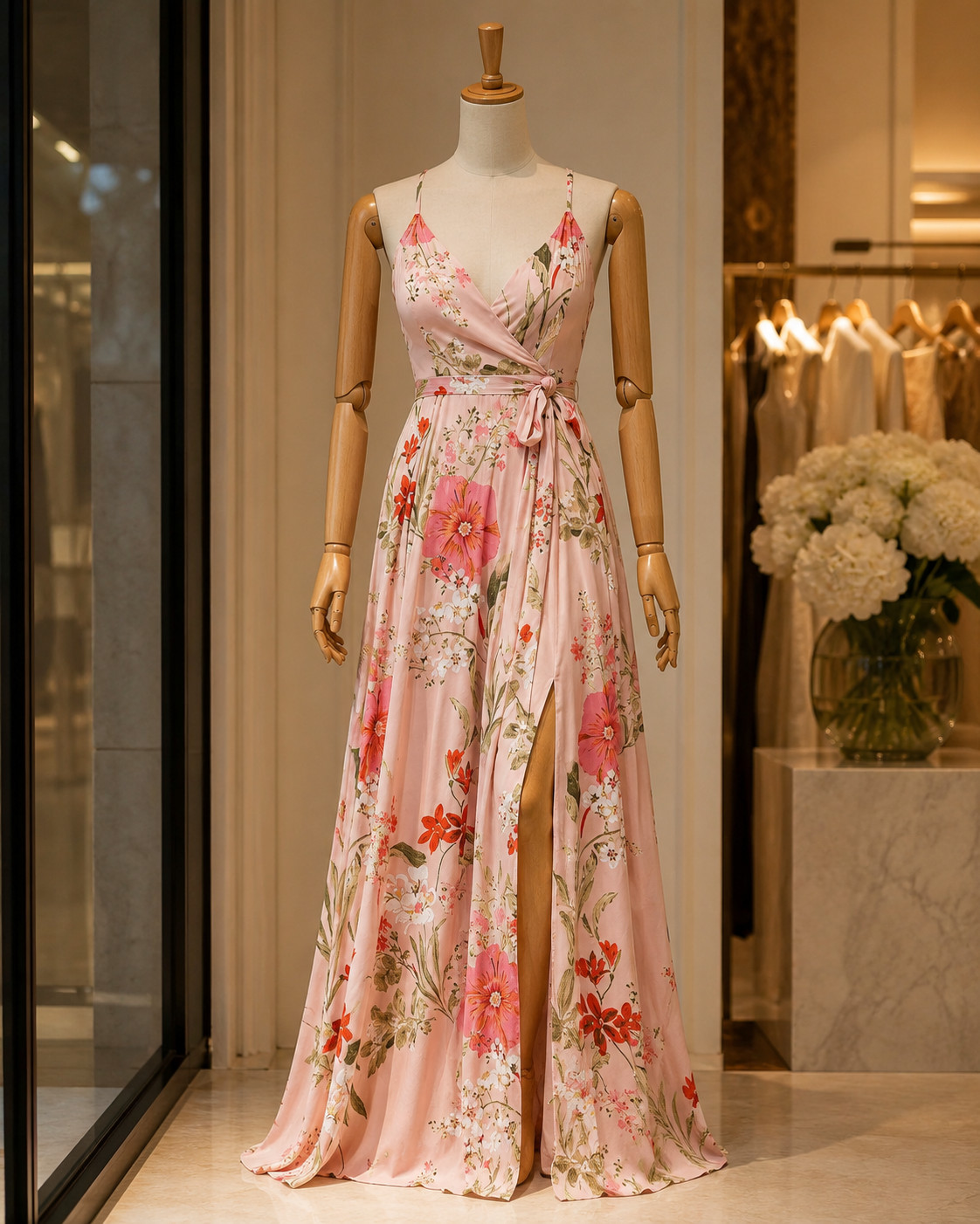 Lulus Pink Floral Satin Wrap Maxi Dress High Slit Strappy Evening Gown Size L