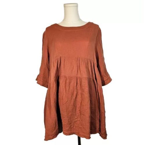 Newbury Kustom Tiered Dress POCKETS Raw Hem Cottagecore Boho Feminine Rust S