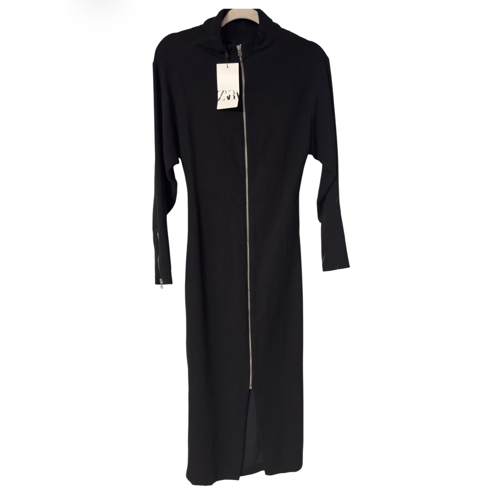 Zara Black Knit Full Zip Back Midi Dress Long Sleeve Mock Neck NWT Small