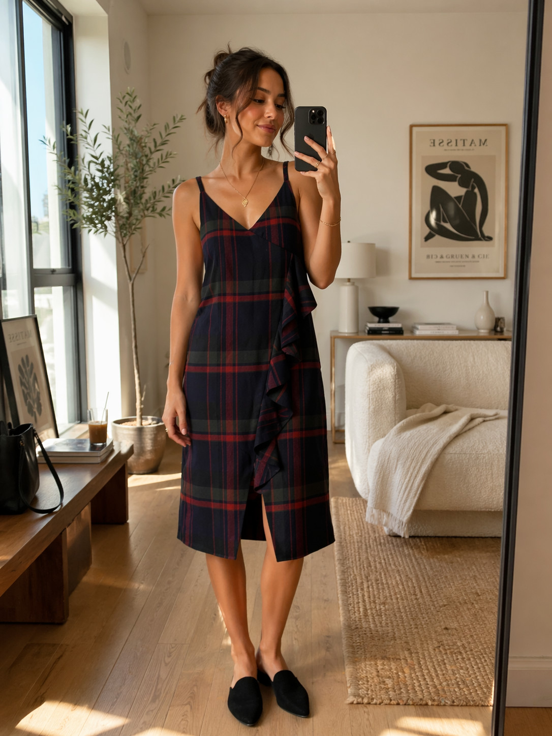 BP Slip Dress Womens Size Small Plaid Asymmetrical Ruffle V Neck Sleeveless