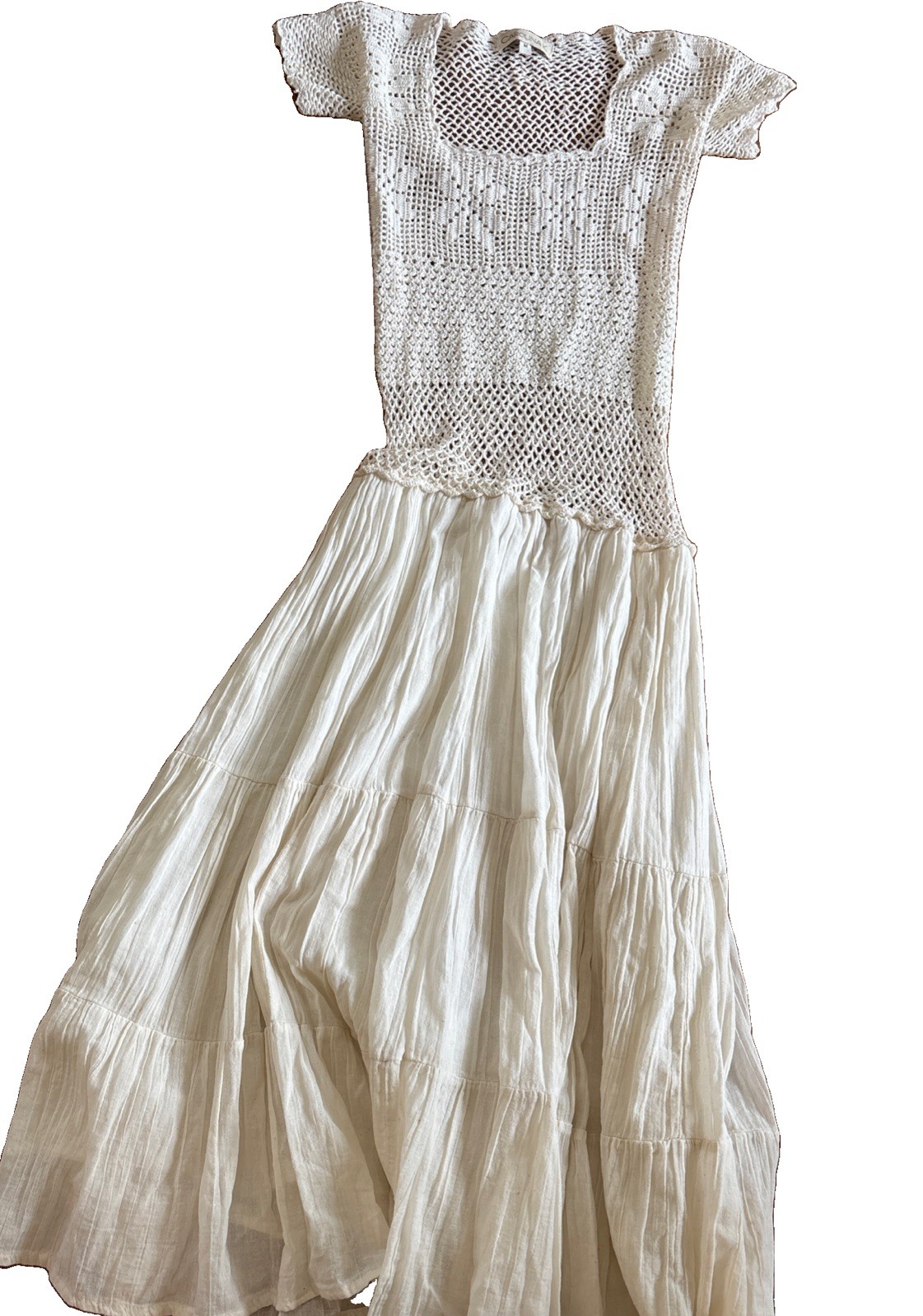 Carolina K Crochet Lace Cotton Gauze Ruffled Boho Maxi Dress Hippie Goddess