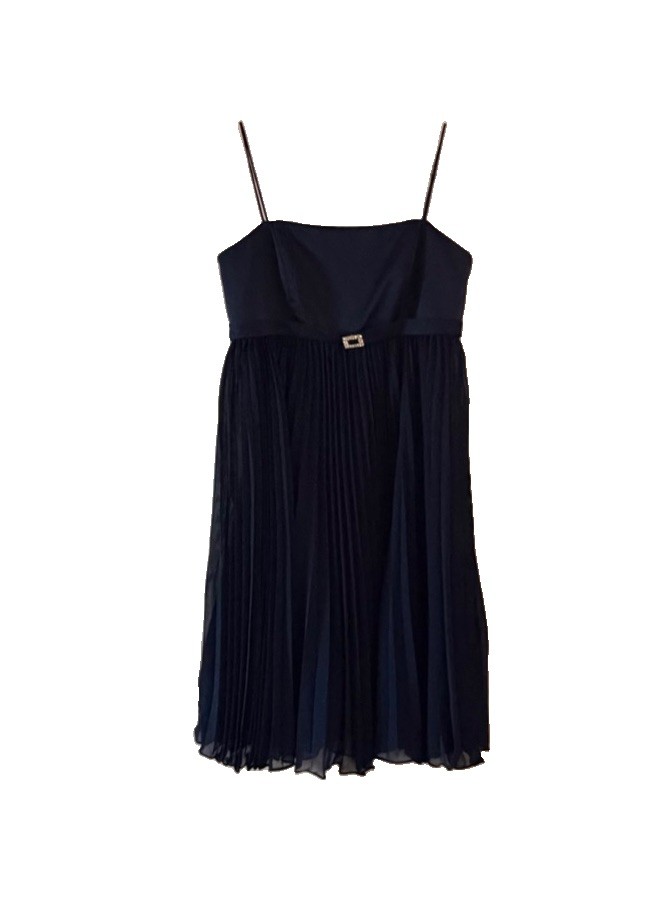 Alfred Angelo Navy Blue Empire Waist Pleated Formal Dress Rhinestone Buckle 12