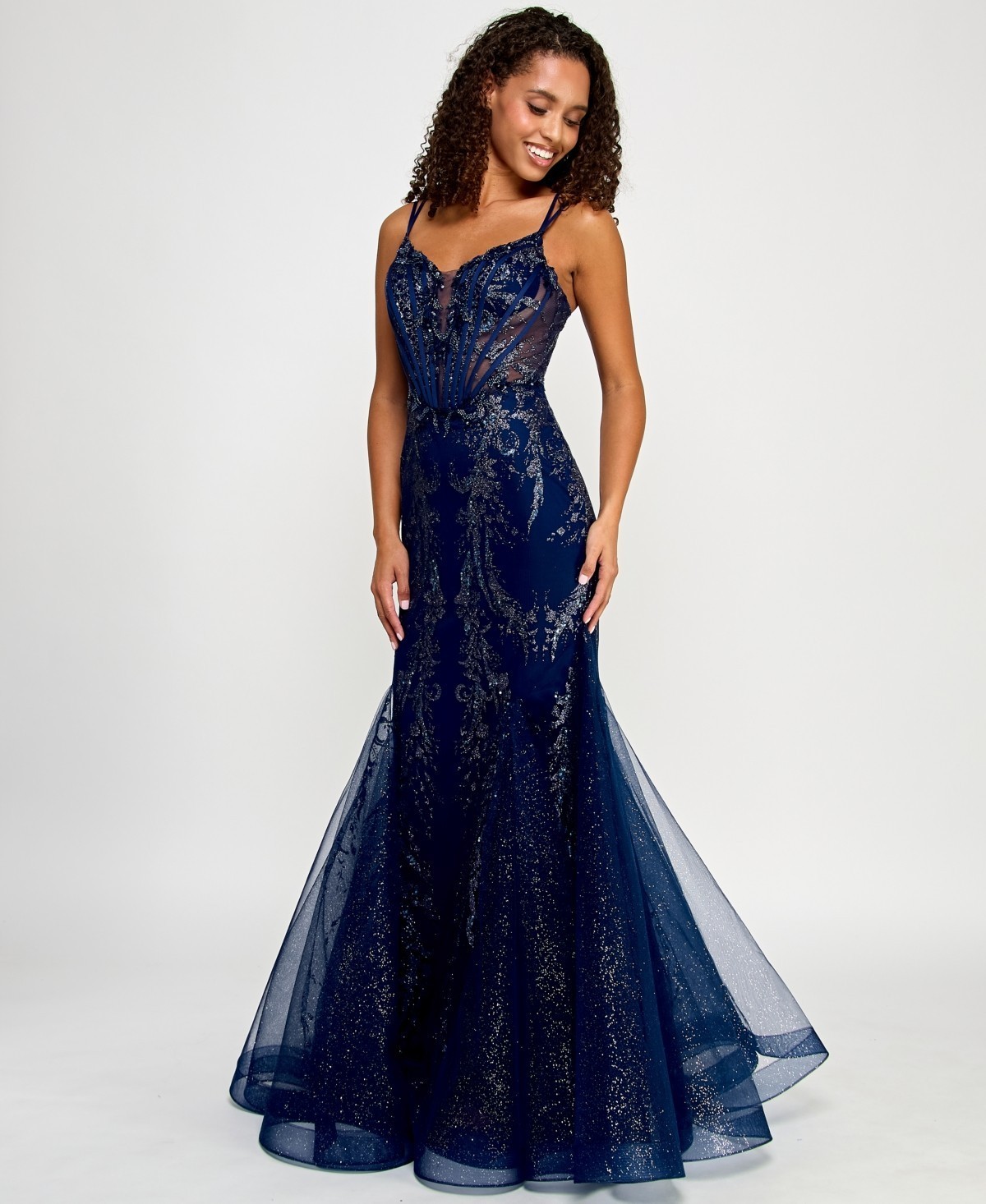 Say Yes Juniors’ Glitter Mesh Corset Mermaid Gown – Navy – 5/6 – Defect