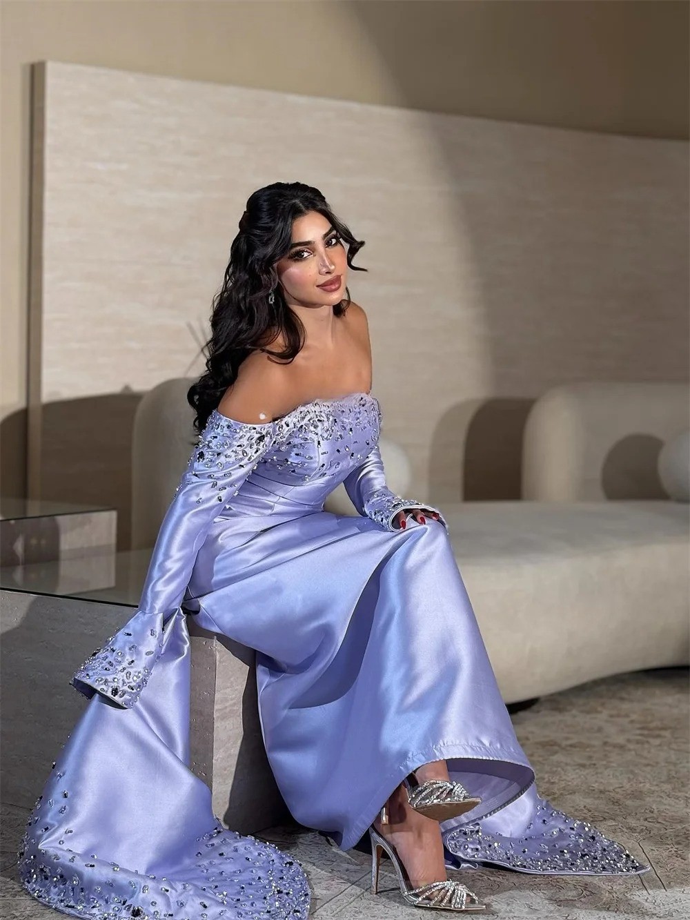 Matching Rhinestone Beading Sequined Straight Off-the-shoulder Long Dresses