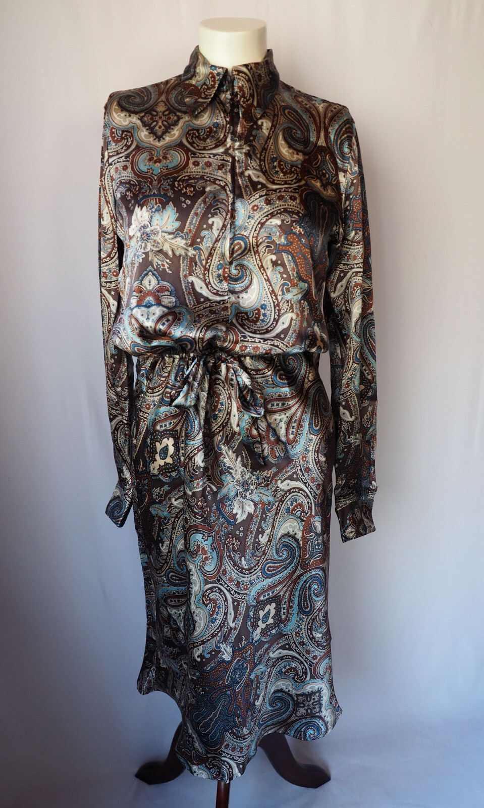 Tracy McWilliams USA Silk Satin Long Sleeve Midi Tie Dress Belted Paisley S $278