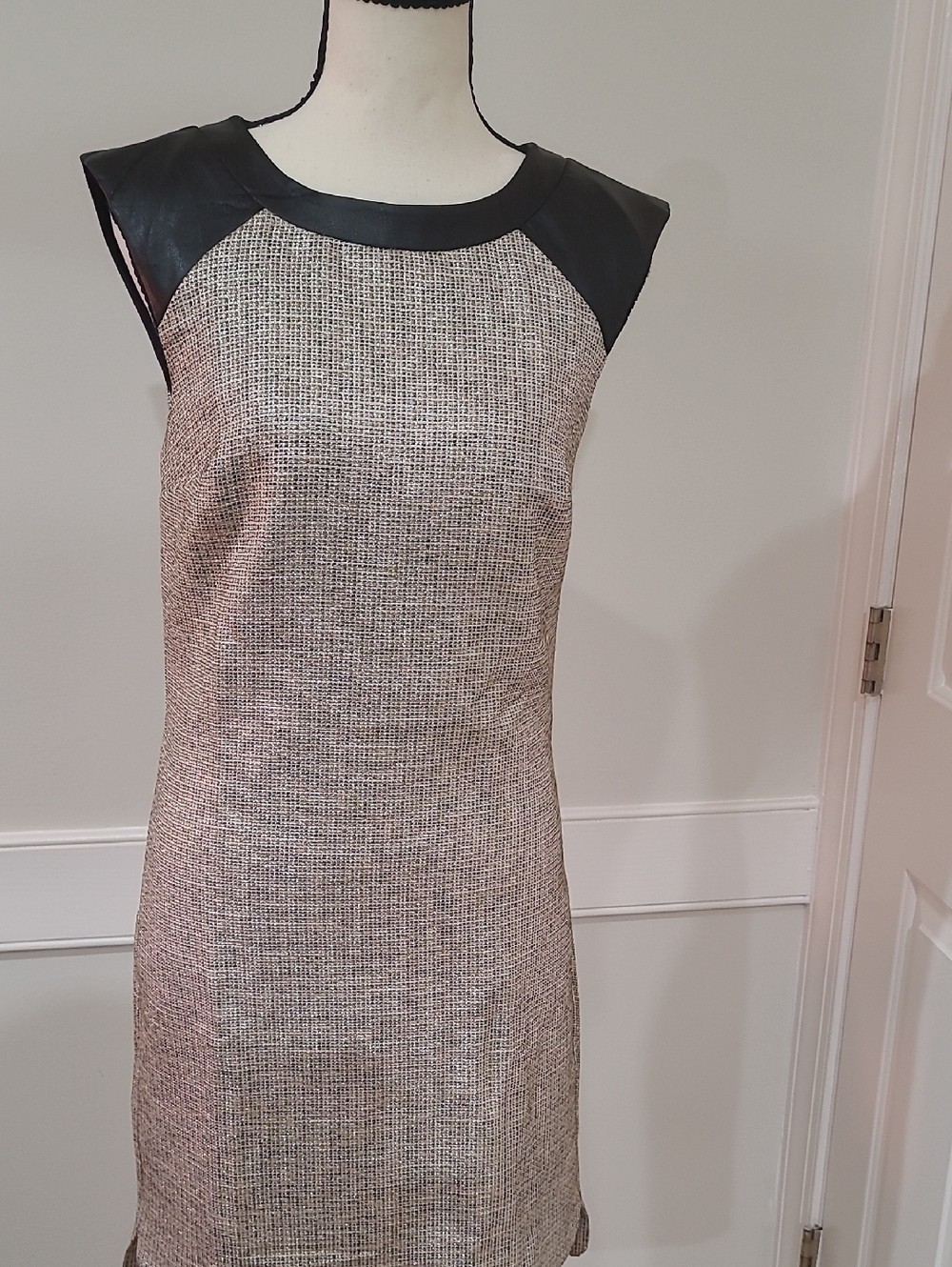 M & S Limited Edition Sleeveless Tweed Shift Dress with Black Faux-Leather Trim