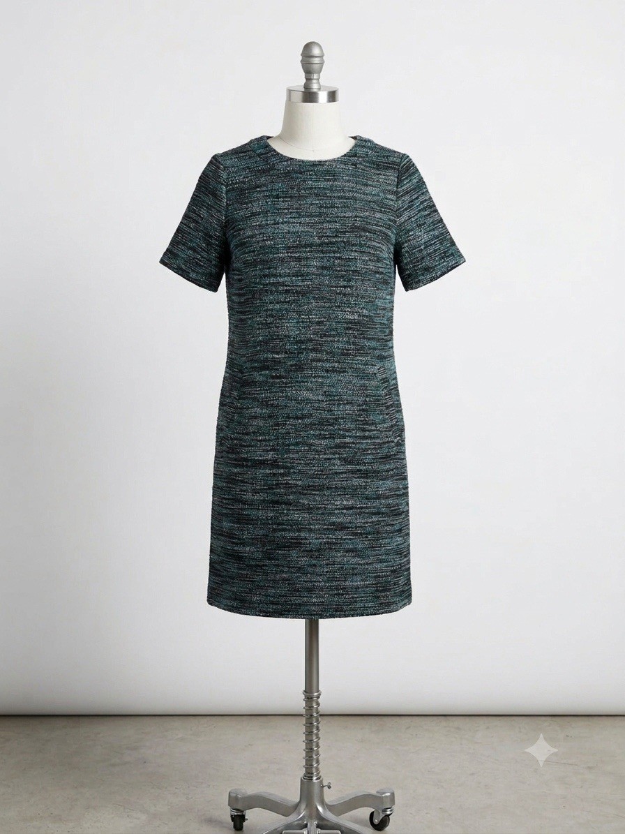 NWT LOFT Outlet Tweed Shift Dress Womens MP Petite Black Green Space Dye Pocket